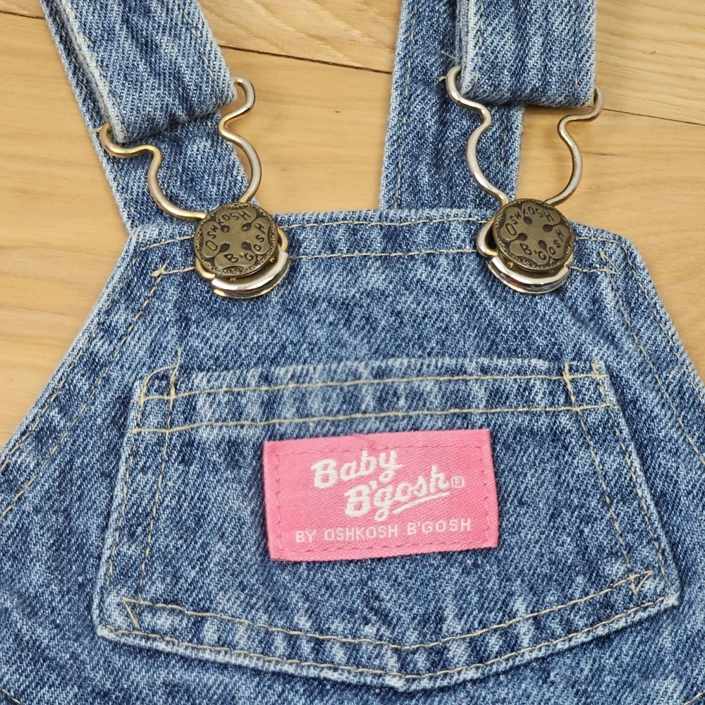 Vtg Oshkosh Baby B’Gosh Girls Blue Jean Bib Overall‎ Romper Size 18mos Pleated